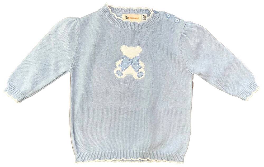 NEW CLAVER BY ACVISA kid's bear applique fine gauge scallop sweater in blue